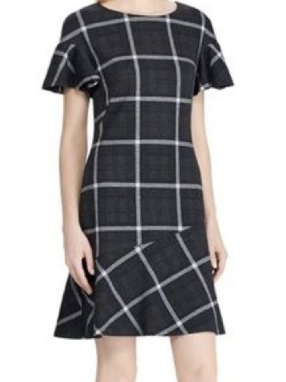 Lauren Ralph Lauren Windowpane Plaid Sheath Dress 12 Ruffle Sleeve Asymmetric